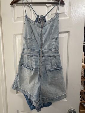 Free People Light Wash Denim Zip-Front Romper Overalls